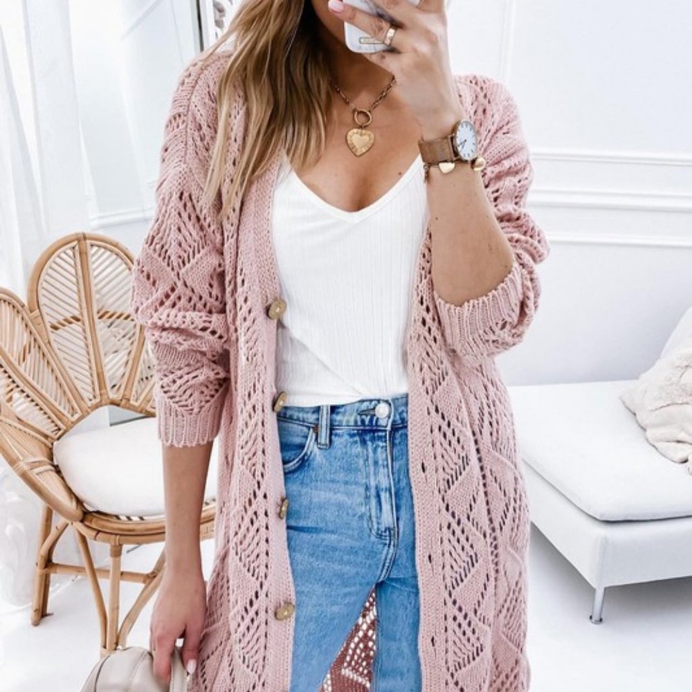 Pink Plus Eyelet Sweater Crochet Knit Cardigan